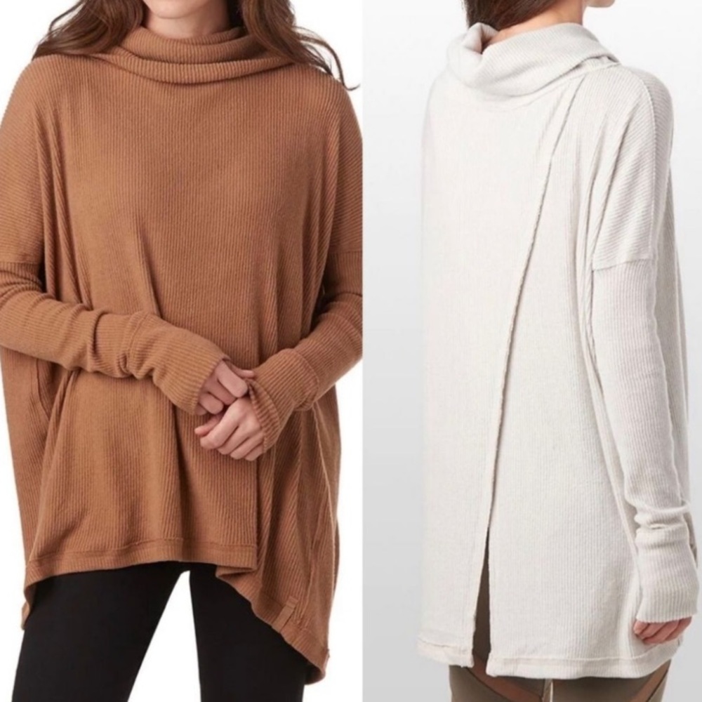 Free People Cowl Neck Waffle Knit 100% Cotton Thermal Relaxed Fit Sweater